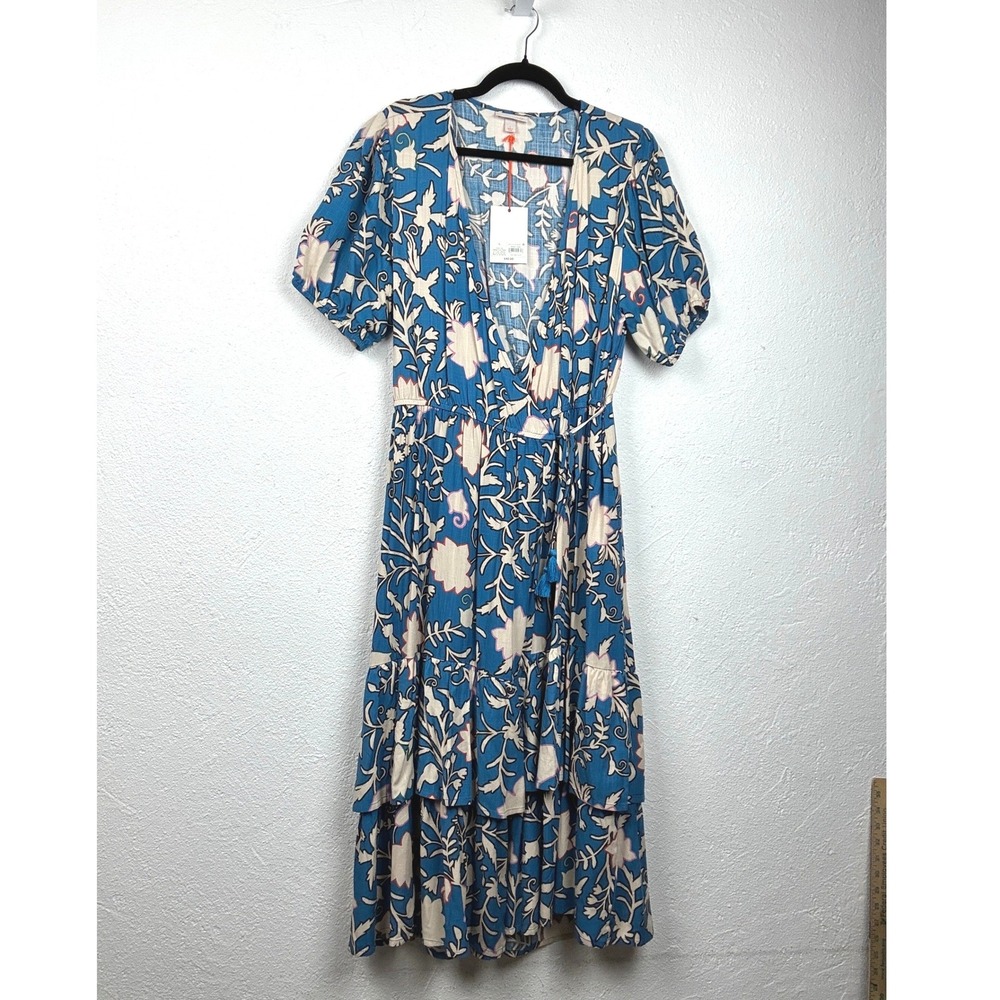 Knox Rose Blue Floral Midi Dress - Large - Tiered Puff Sleeve Boho Cottagecore